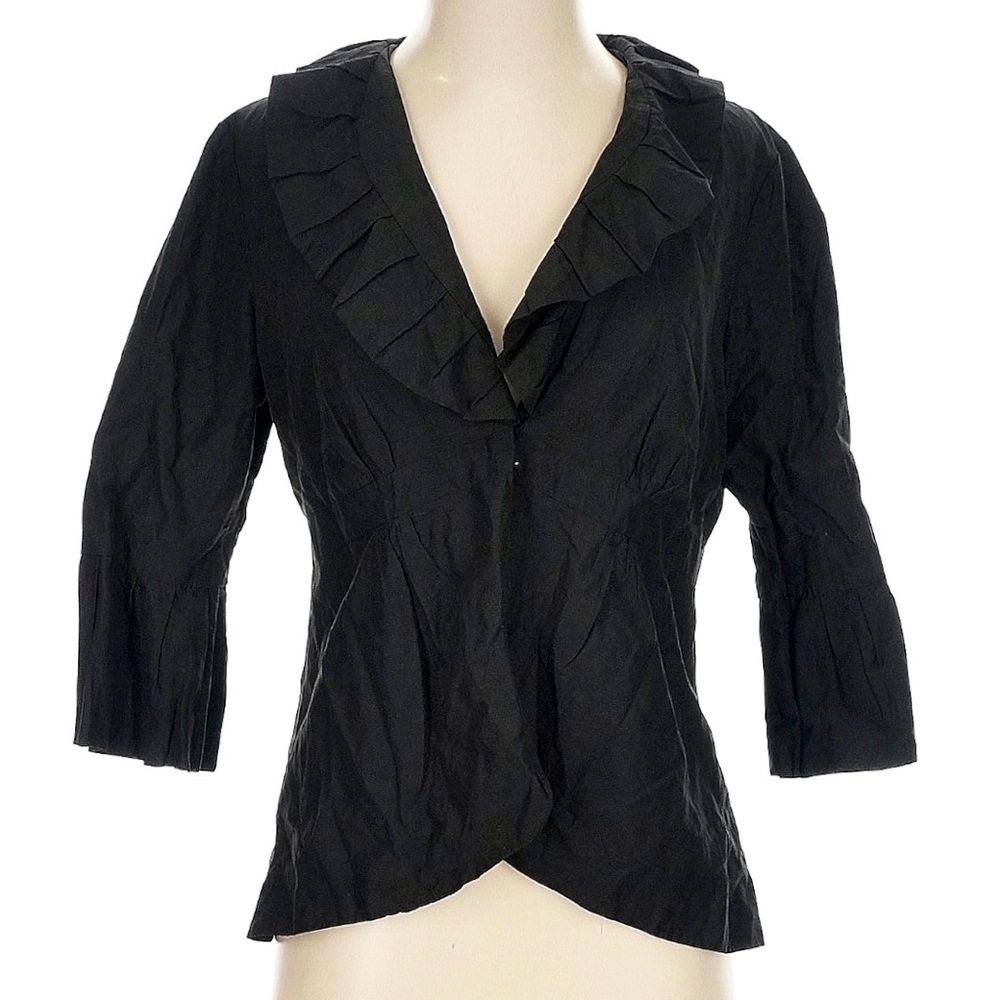 ‼️ CABI Black Cosette Shimmer Pleat Ruffle Collar 3/4 Sleeve Peplum Jacket XS